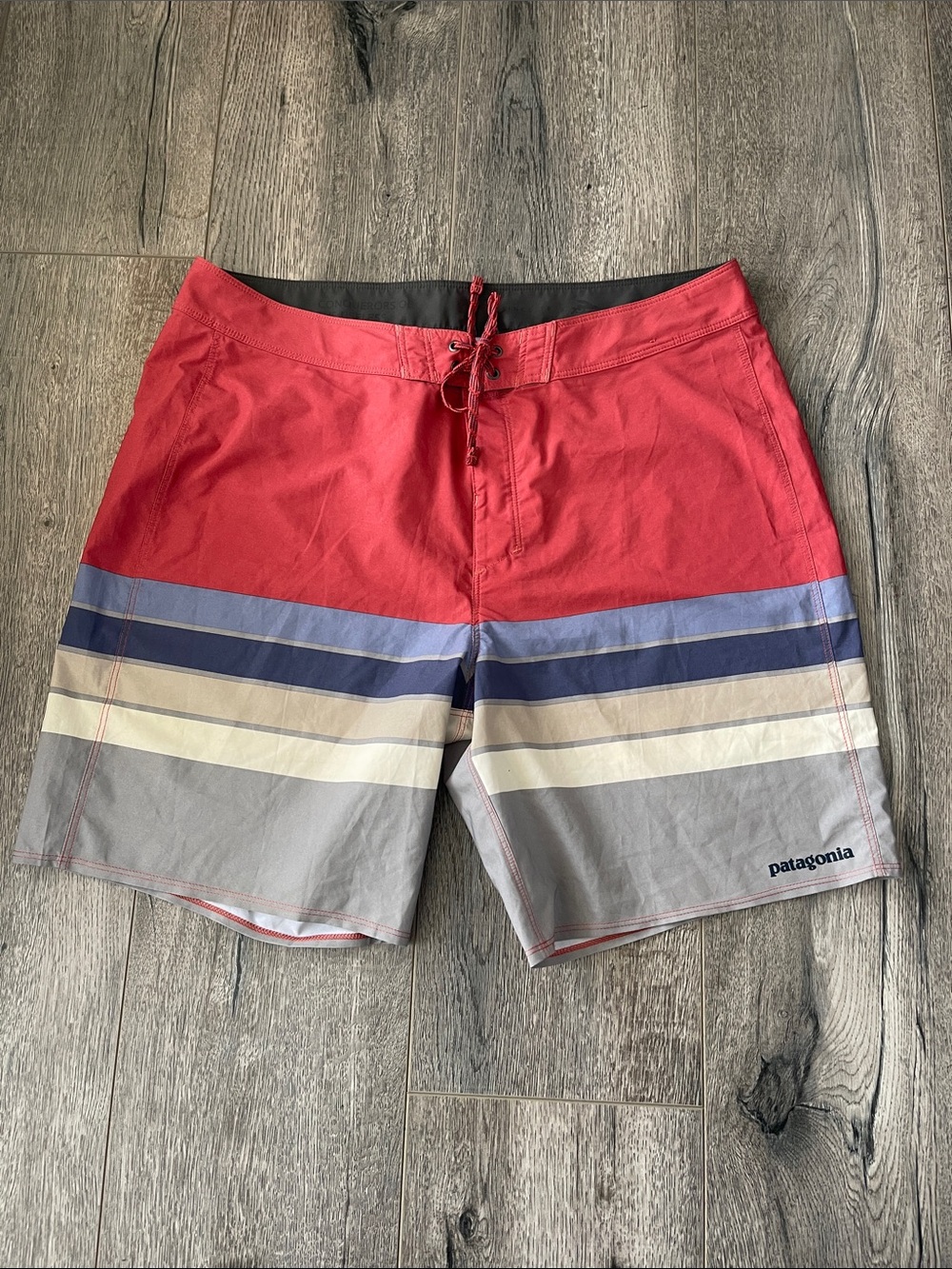 Patagonia Men’s Red and Gray Striped Board Shorts